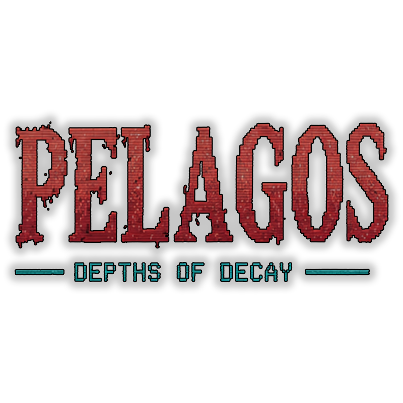 Logo for Pelagos: Depths of Decay; a simple red and green logo with a bold font which has been intentionally stylised for an older game title.