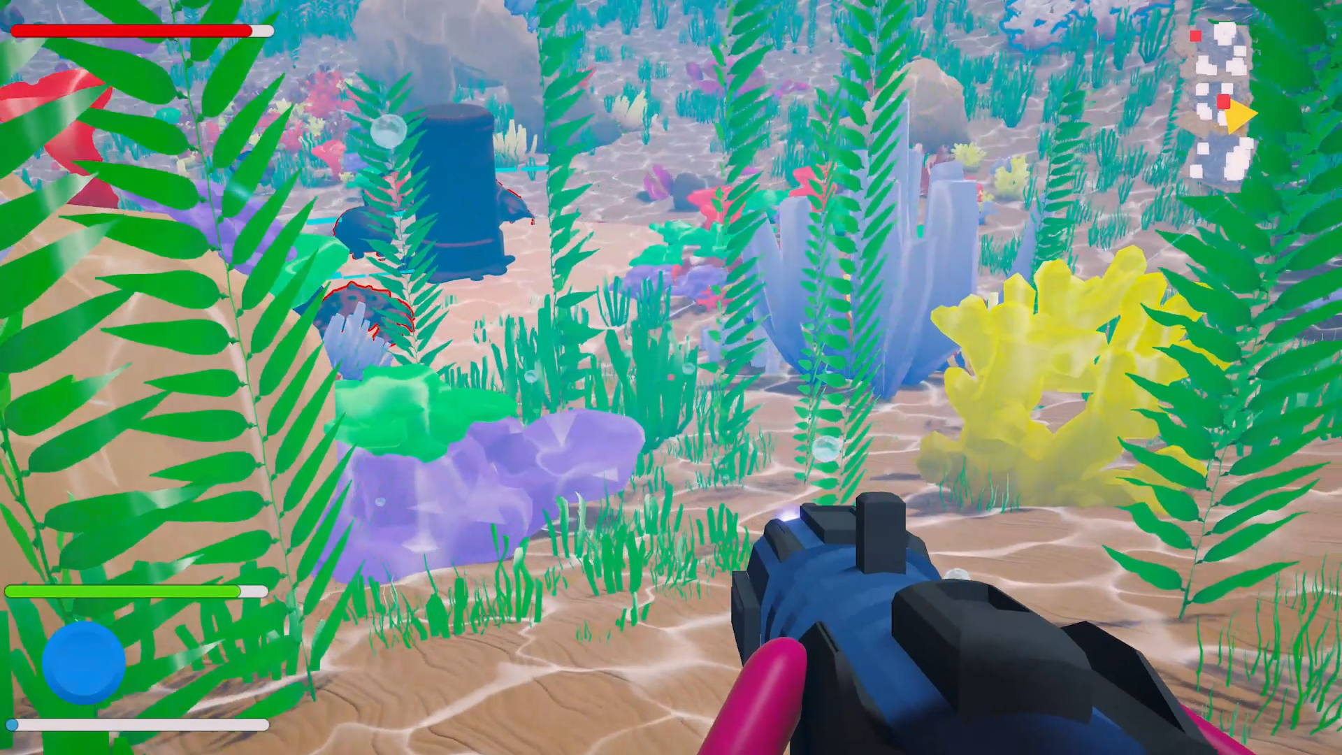 Screenshot of gameplay for Coral Guardian, containing a bright underwater scene with reeds and coral in view. There is a large weapon model at the bottom of the image, and a game UI around the outside.