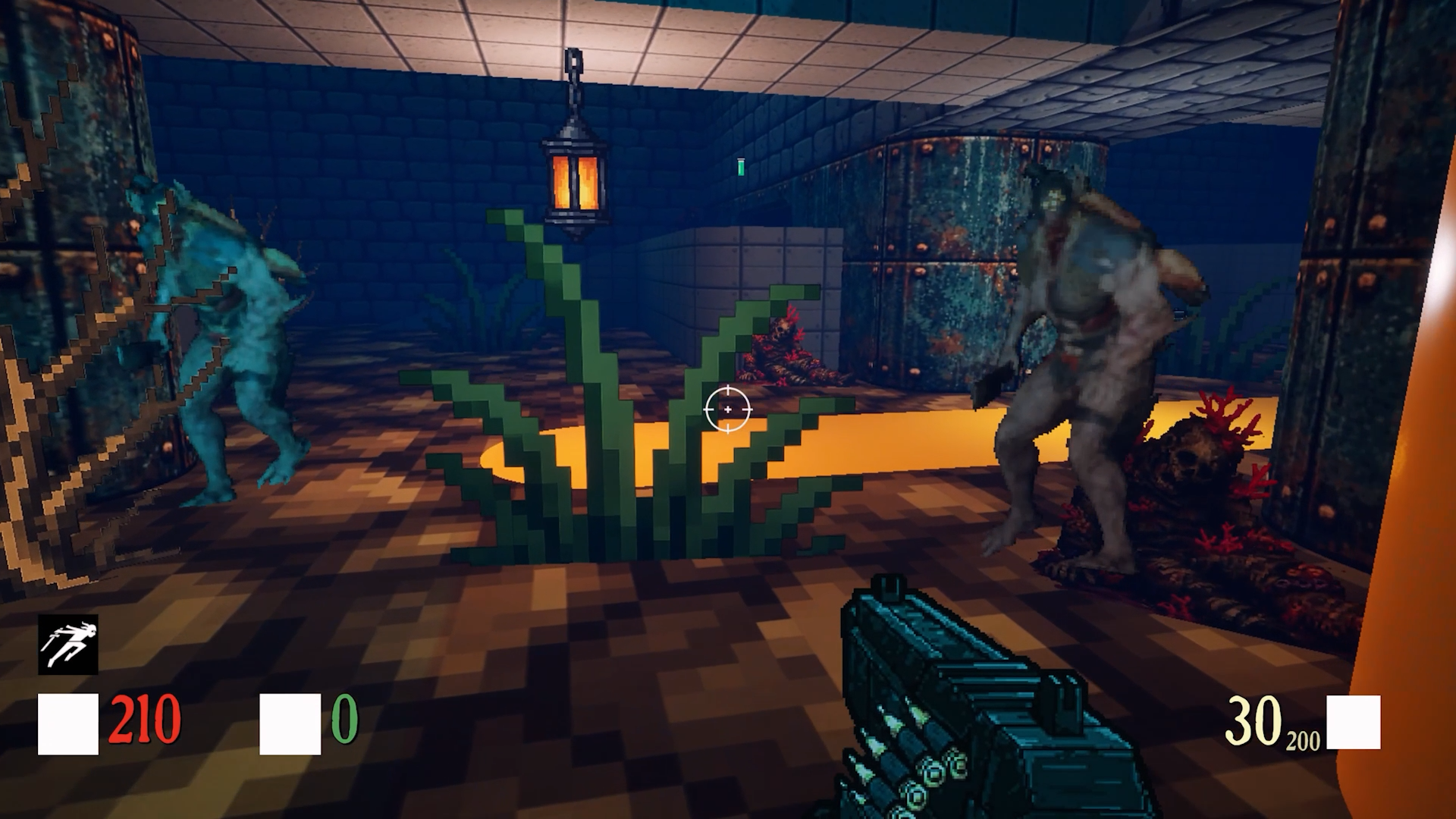 Screenshot of gameplay for Pelagos containing a muted, dim scene with 2 enemy creatures in front of the player view. There is a large pixel art weapon at the bottom of the screen, and a game UI around the outside.