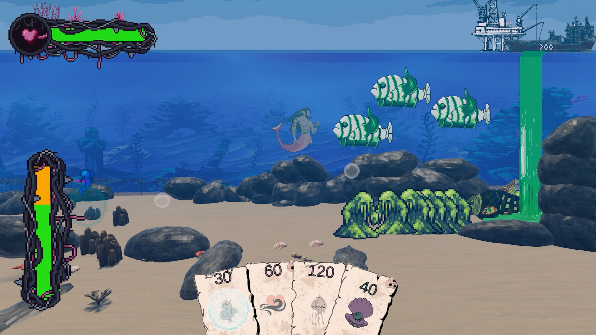 Screenshot of gameplay for Reef Retribution containing an underwater scene with cards held on the bottom of the screen, and bright UI around the outside. The game scene has a mermaid creature with bright green fish and sludge creatures in front of them