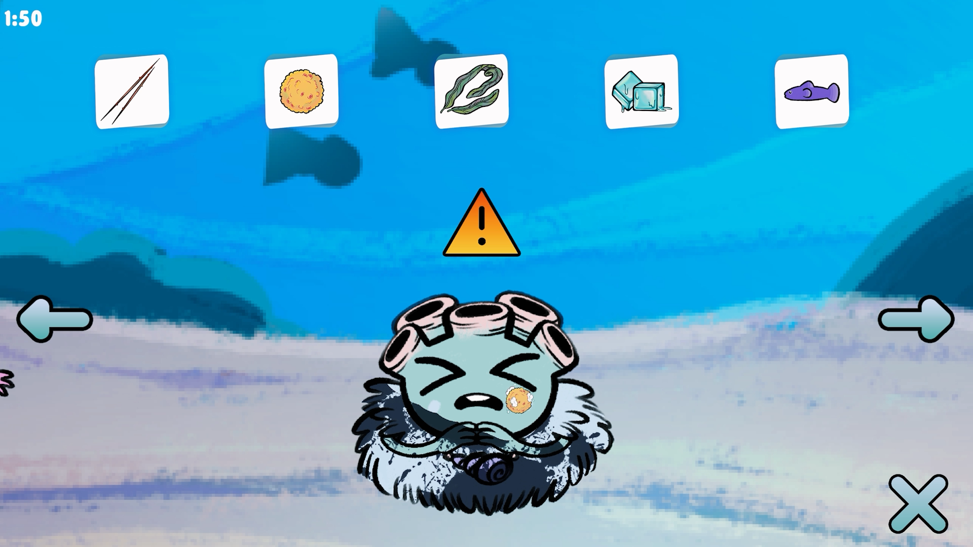Screenshot of gameplay for Reef Relief featuring a colourful reef character who is wincing with an orange exclamation mark above its head, signifying action needed by the player