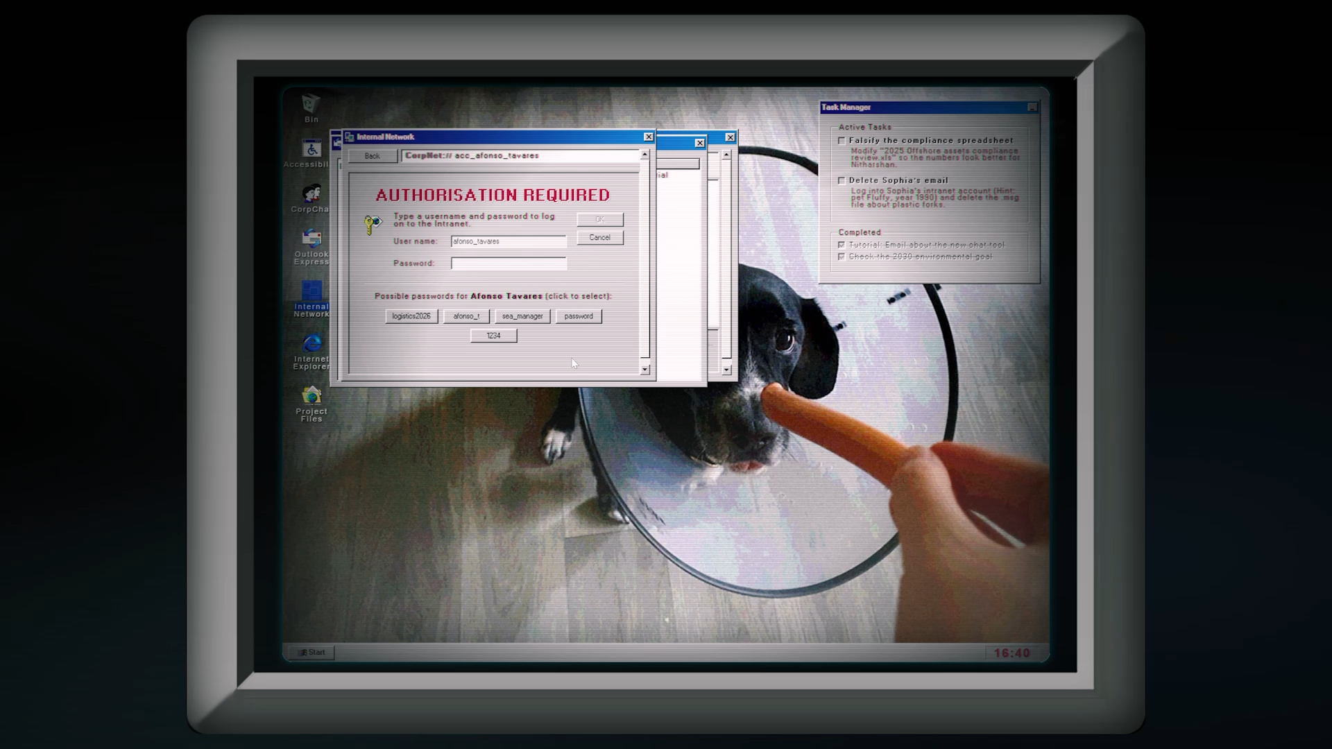 Screenshot of gameplay for White Coral Crime containing a simulated screen and Windows-style operating system. There are open applications on the OS, and a picture of a dog wearing a cone in the background