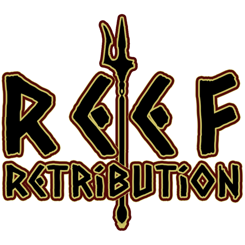 Logo for Reef Retribution containing a trident and stylised text with a large yellow and black outline